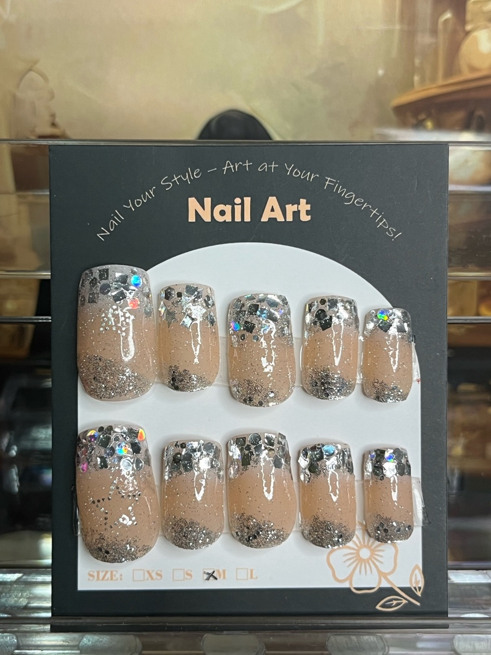 Nude & Silver Glitter Press-On Nails with Rhinestones